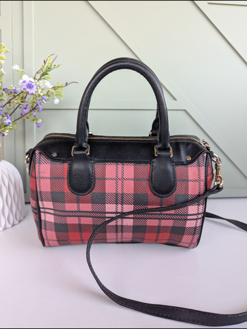 Coach Mini Bennett Satchel featuring a red, pink, andblack Riley Plaid print - Picture 5 of 13